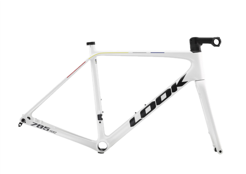 Load image into Gallery viewer, LOOK 785 bike frame with red, yellow, white and blue detailing following a broken line pattern. Large black LOOK logo.