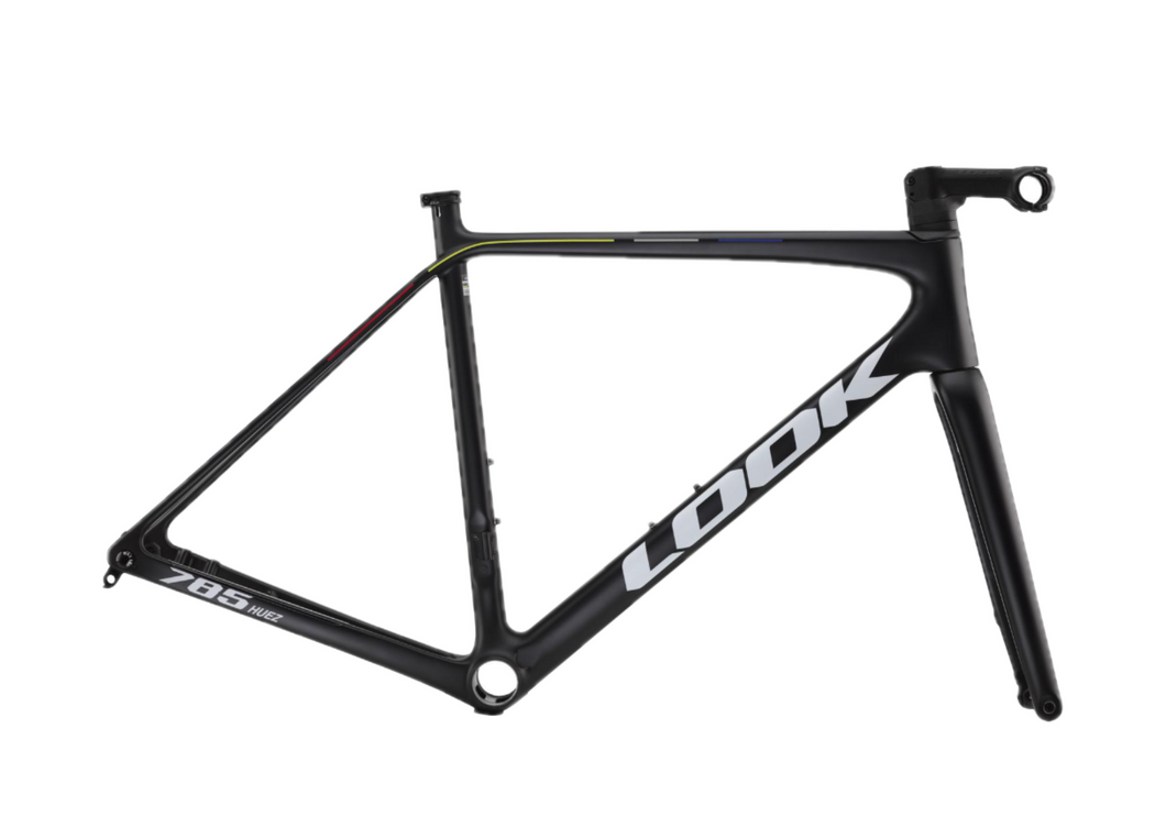 LOOK 785 road bike frame, black with Red, yellow, white and blue detailing following a broken line pattern. White LOOK logo.